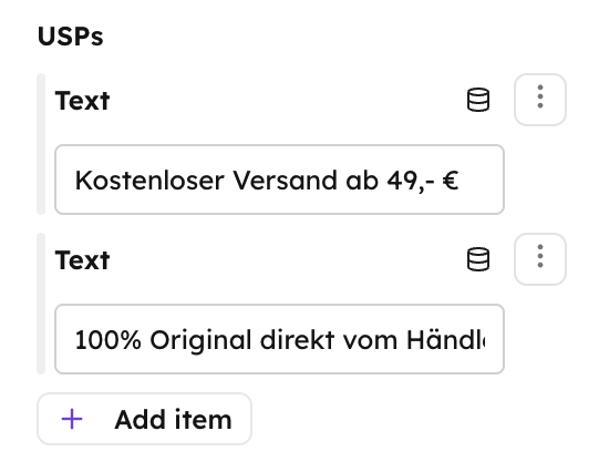 An array field in the Studio sidebar: a USPs list of repeated Text items with an Add item button.