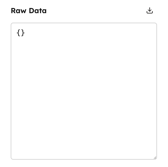 A json field in the Studio sidebar: a Raw Data editor containing an empty object.