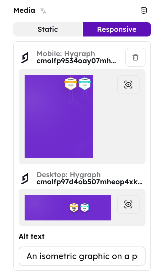 A media field in the Studio sidebar: a Media picker with a Static/Responsive toggle, mobile and desktop image previews, and an alt text input.