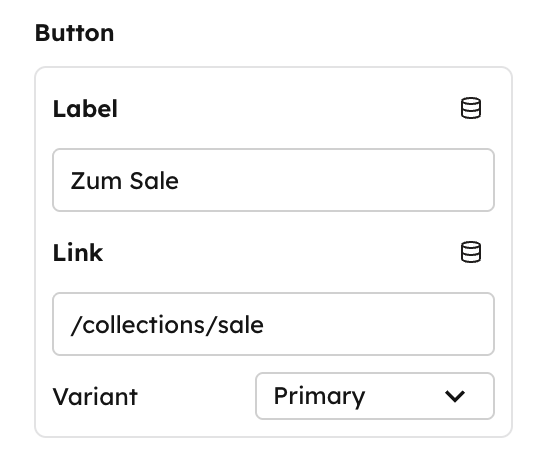 An object field in the Studio sidebar: a Button group bordering its nested Label, Link, and Variant fields.