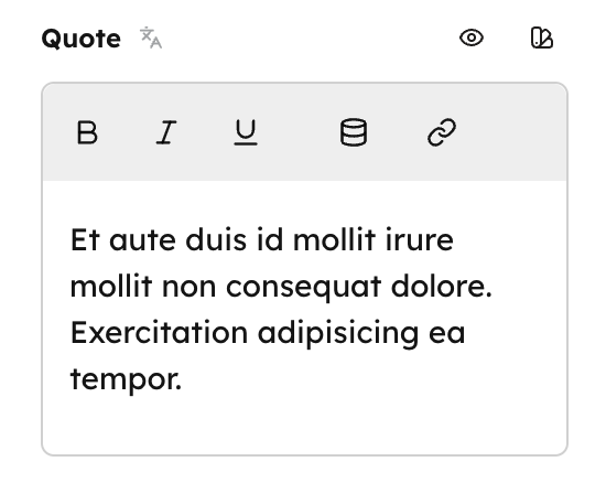 A richtext field in the Studio sidebar: a Quote editor with a bold/italic/underline/link toolbar above the text.