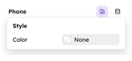 A style decorator in the Studio sidebar: a Phone field with an inline Style panel containing a Color control.